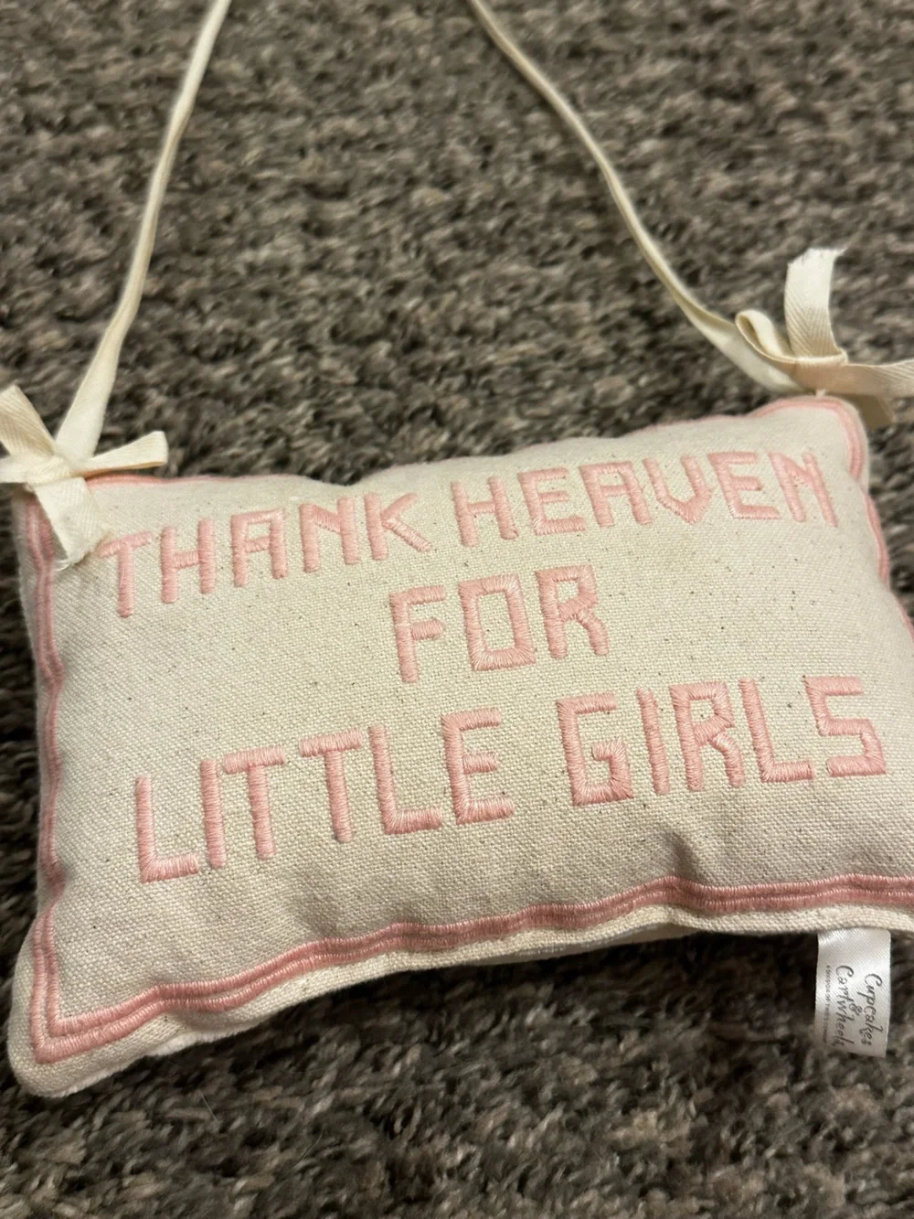 Embroidered Cream Kids Pillow with Pink Lettering - Decorative Accent